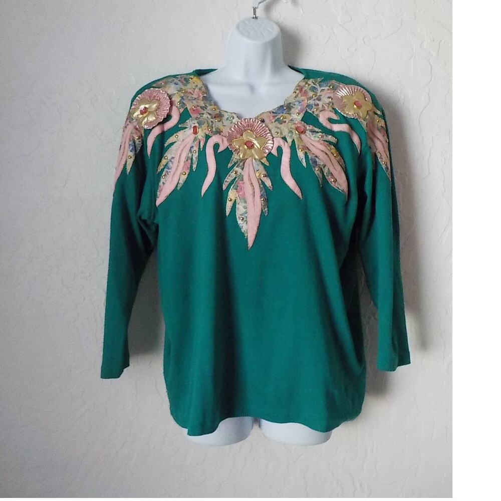 Vtg 80s AFSY Collection Embellished Teal Green Blouse Made in USA Fits XL / 2XL